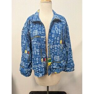 Vintage Lizsport 90s Y2k Blue Nautical Coastal Print Bomber Jacket sz M Retro